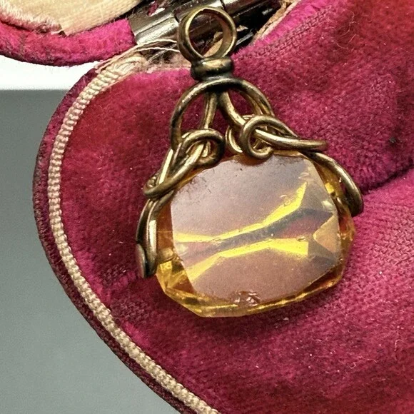 Antique Gold Fill Citrine Glass Fob Charm Pendant - Picture 4 of 15